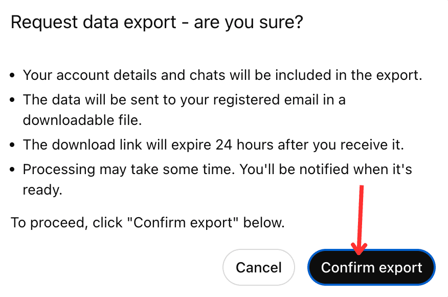 ChatGPT confirm export dialog