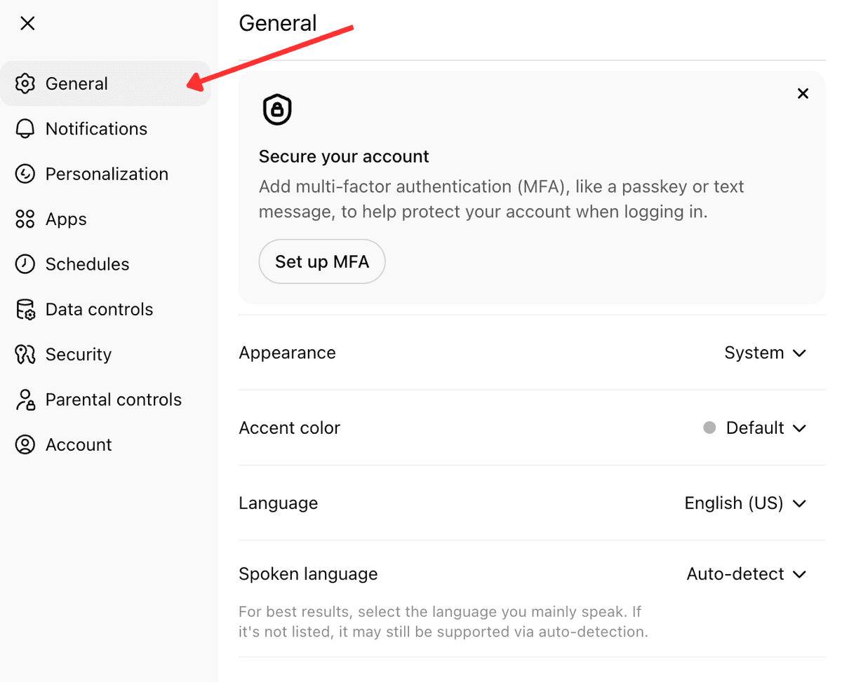 ChatGPT Settings sidebar